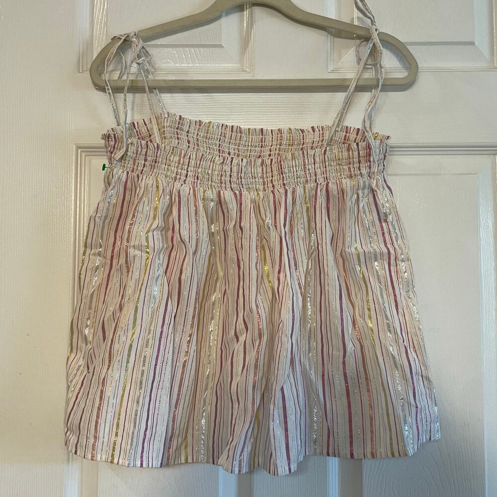 Ann Taylor Loft Cotton Metallic Shimmer Stripe Bow Strap Smocked Cami Top Size L